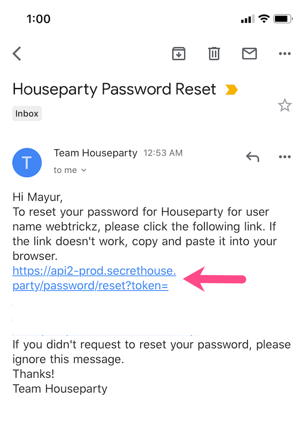 email resetujący hasło od houseparty