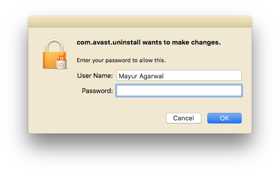 wprowadź nazwę użytkownika i hasło administratora, aby usunąć program avast na komputerze Mac