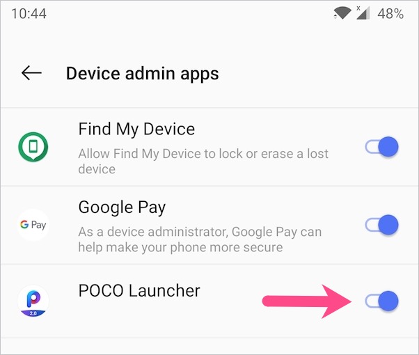 dezaktywuj android launcher jako administrator urządzenia