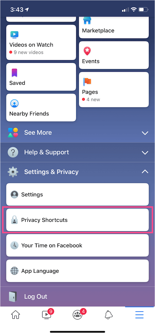skróty prywatności w aplikacji na Facebooku
