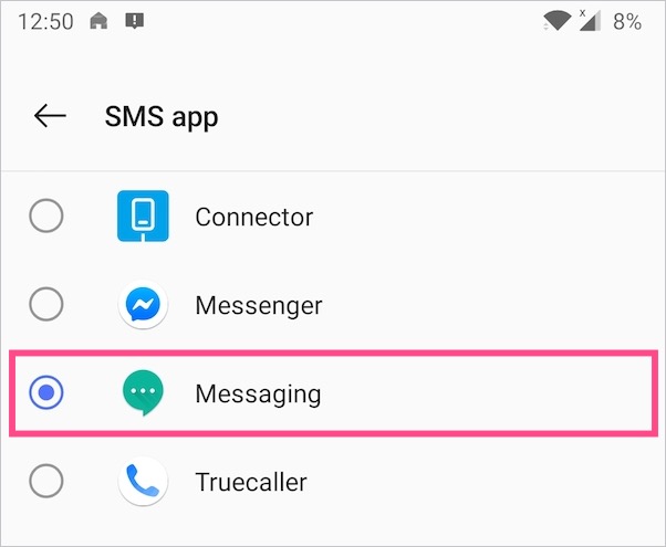 usuń aplikację Truecaller jako domyślną aplikację do wysyłania wiadomości SMS