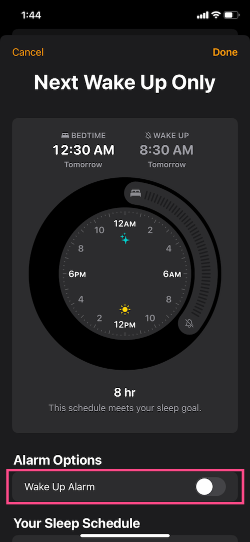 wyłączanie alarmu na dobranoc na następny dzień budzenia iOS 14
