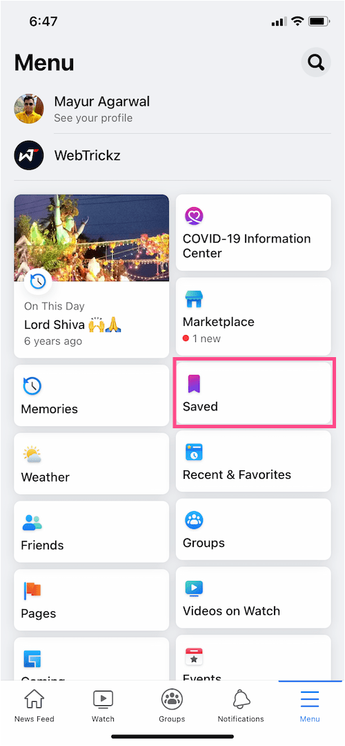 Zapisz menu w aplikacji Facebooka
