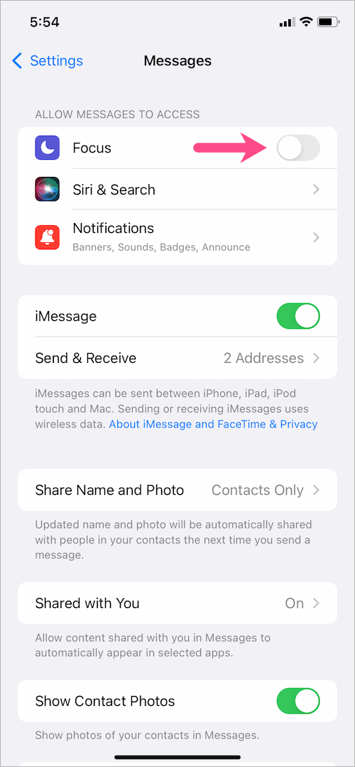 Wyłączanie fokusa dla wiadomości w systemie iOS 15 na telefonie iPhone