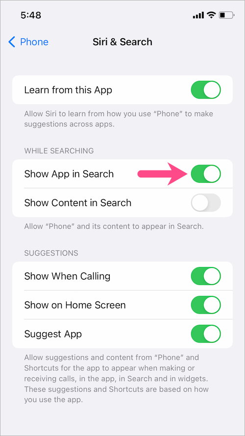 pokazywać aplikację telefonu w wyszukiwaniu w świetle reflektorów w systemie iOS