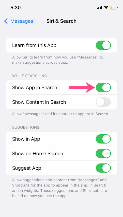 pokazać aplikację Wiadomości w wyszukiwaniu w świetle reflektorów w systemie iOS