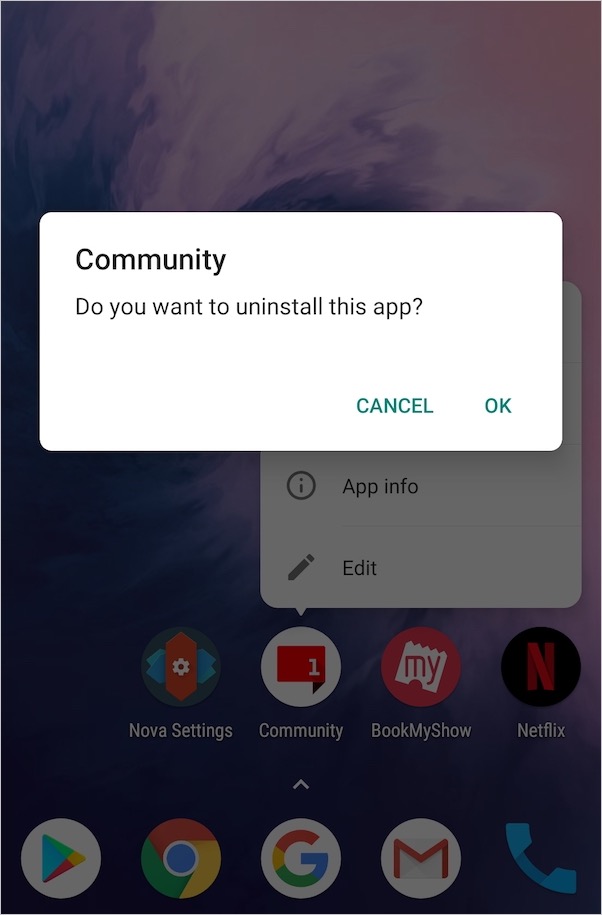 Odinstaluj aplikacje za pomocą App info w nova