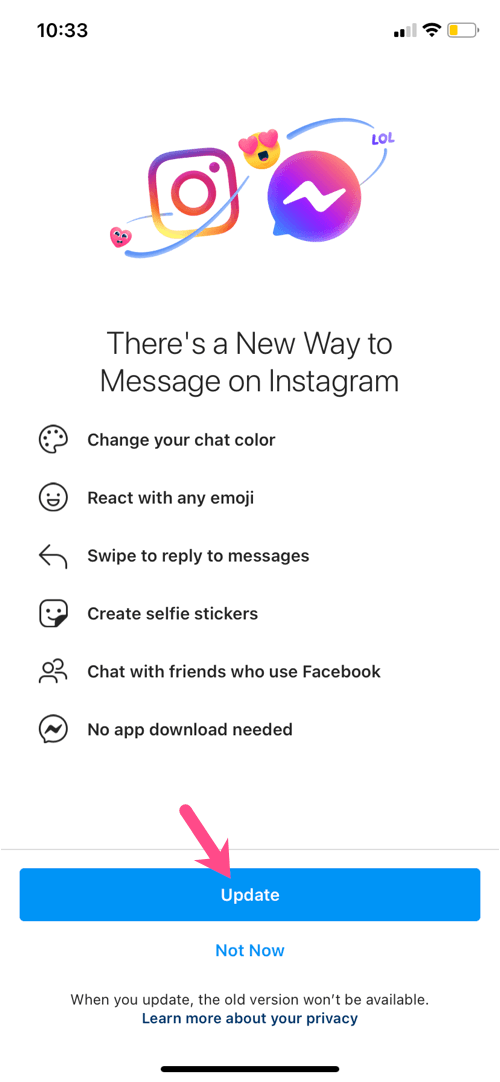 nowa aktualizacja komunikatora instagrama