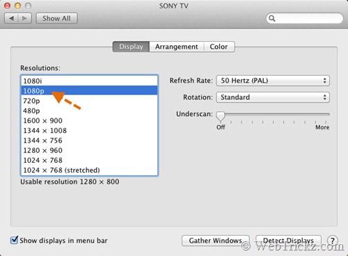 wybierz rozdzielczość 1080p dla zewnętrznego wyświetlacza w macbooku