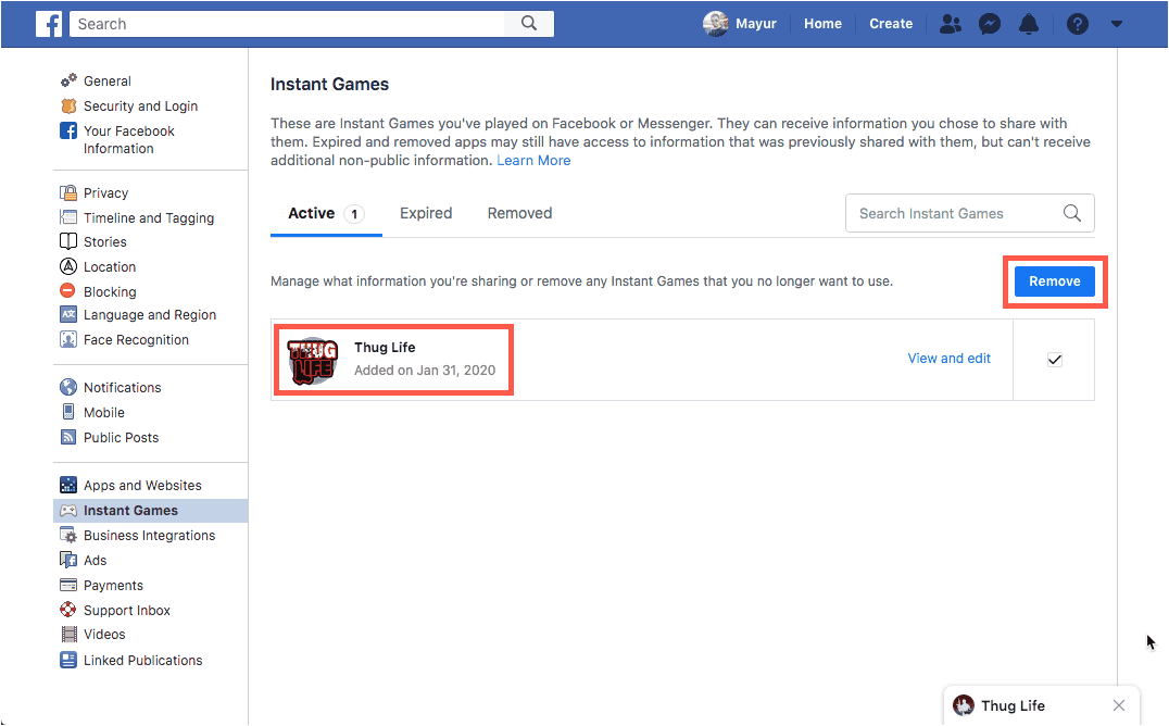 usuń gry na facebooku za pomocą pulpitu