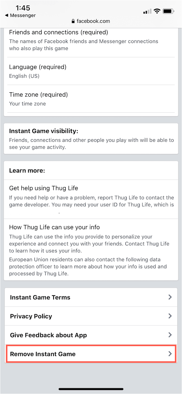jak usunąć grę thug life z Facebooka