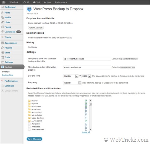 Kopia zapasowa WordPressa na Dropbox_settings