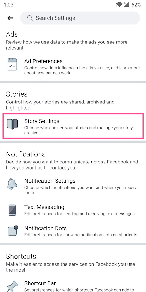 ustawienia historii w serwisie facebook na androida