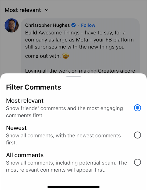 jak sortować komentarze w aplikacji na facebooku