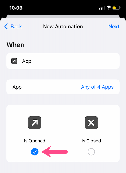 jest otwarty w aplikacji Skróty systemu iOS