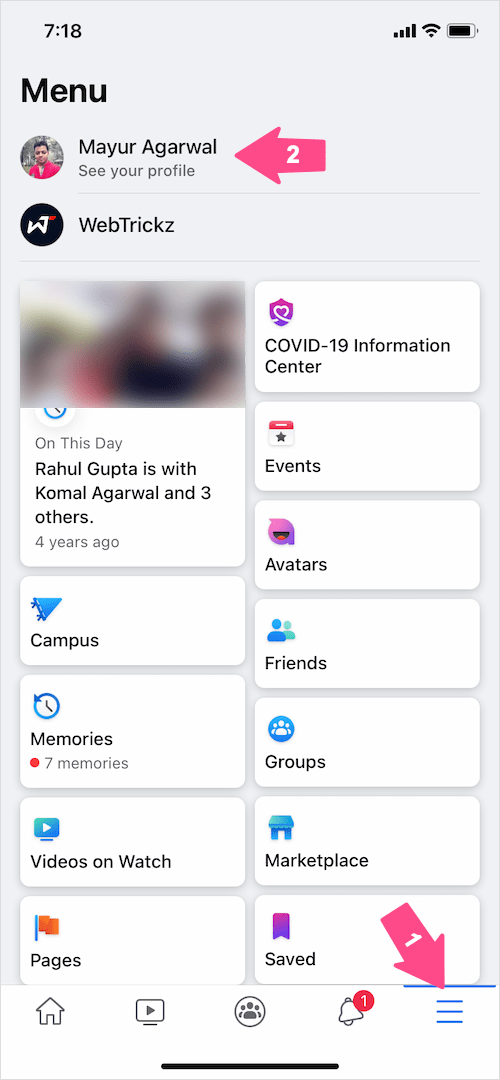 menu w aplikacji Facebook