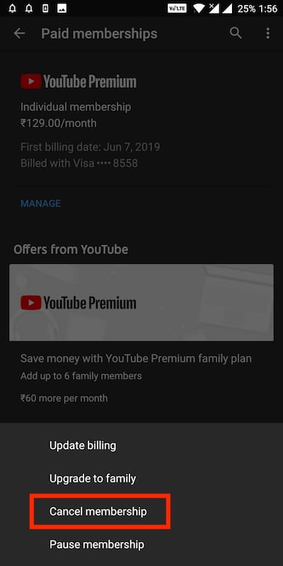 anuluj członkostwo w usłudze youtube premium na androidzie
