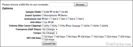 Konwerter online MIDI na MP3/WAV