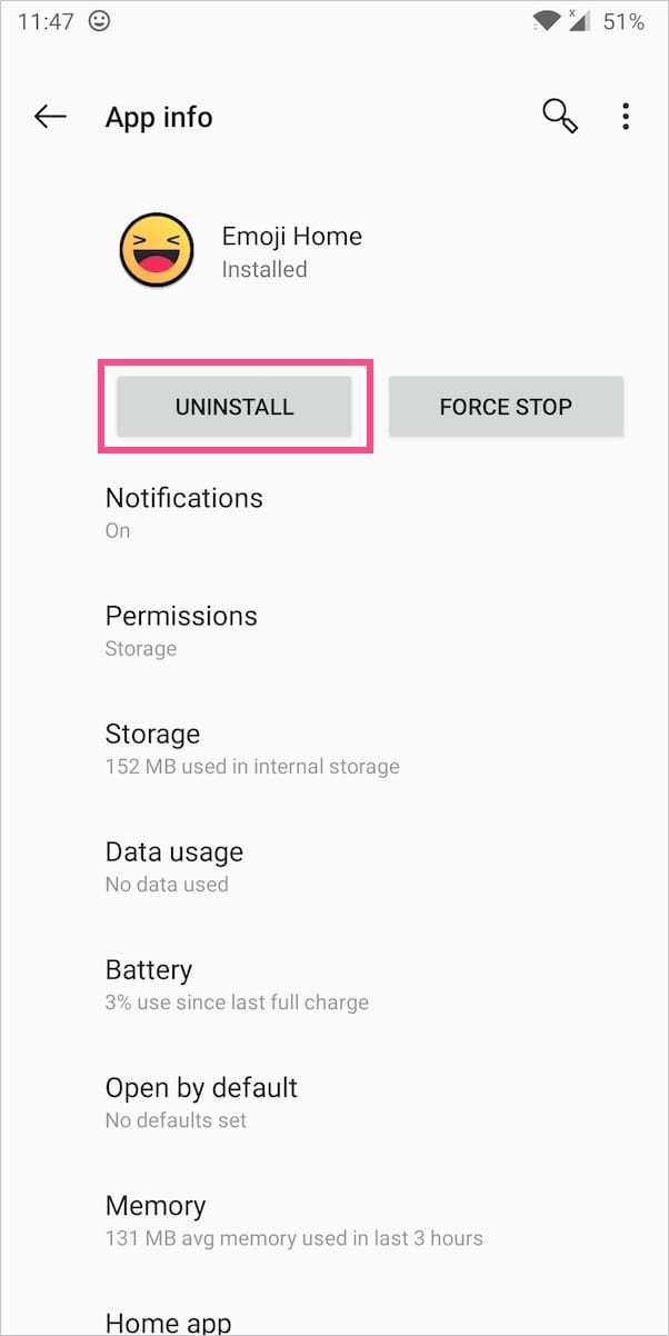 odinstaluj aplikację emoji home na androidzie