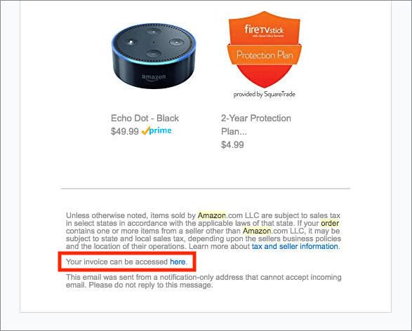 wiadomość e-mail z fakturą zamówienia amazon