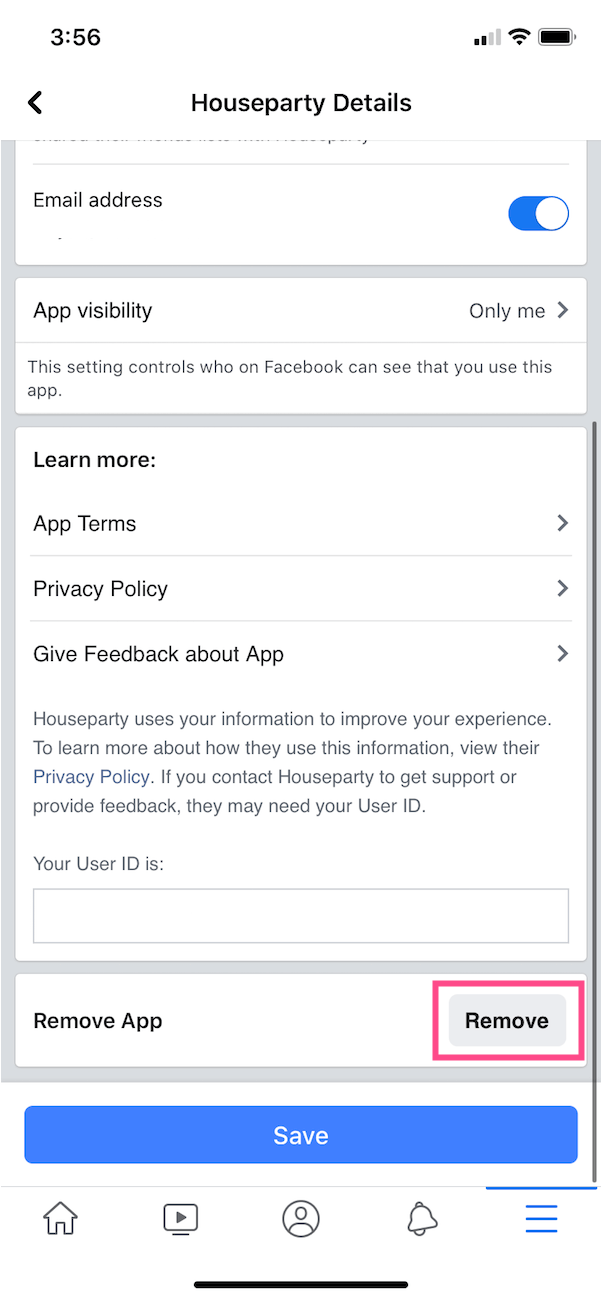 usuń konto facebook z aplikacji houseparty