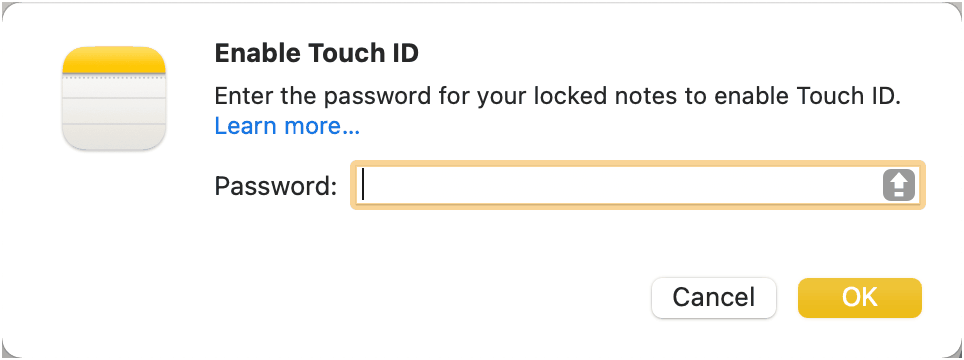 Włącz Touch ID dla aplikacji Notatki na komputerze Mac