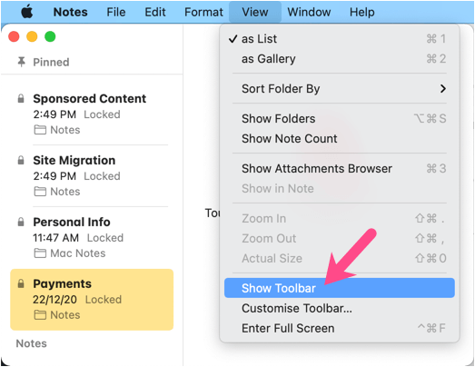 Pokaż pasek narzędzi aplikacji Notatki na komputerze Mac