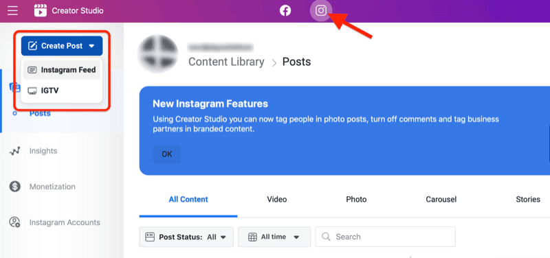 Post krzyżowy na Instagram z Facebooka przy użyciu Facebook Creator's Studio