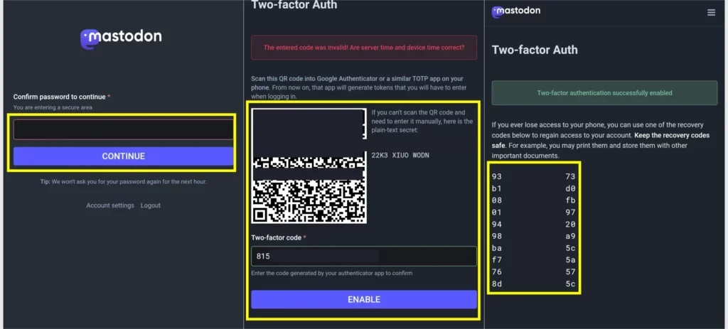 Kroki od 7 do 13: Jak włączyć uwierzytelnianie dwuskładnikowe na Mastodon