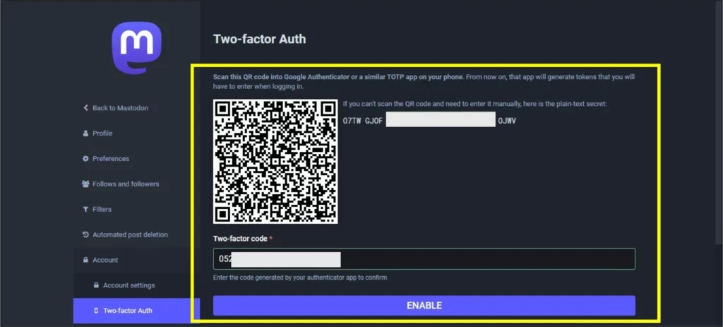 Kroki od 9 do 11: Jak włączyć uwierzytelnianie dwuskładnikowe na Mastodon