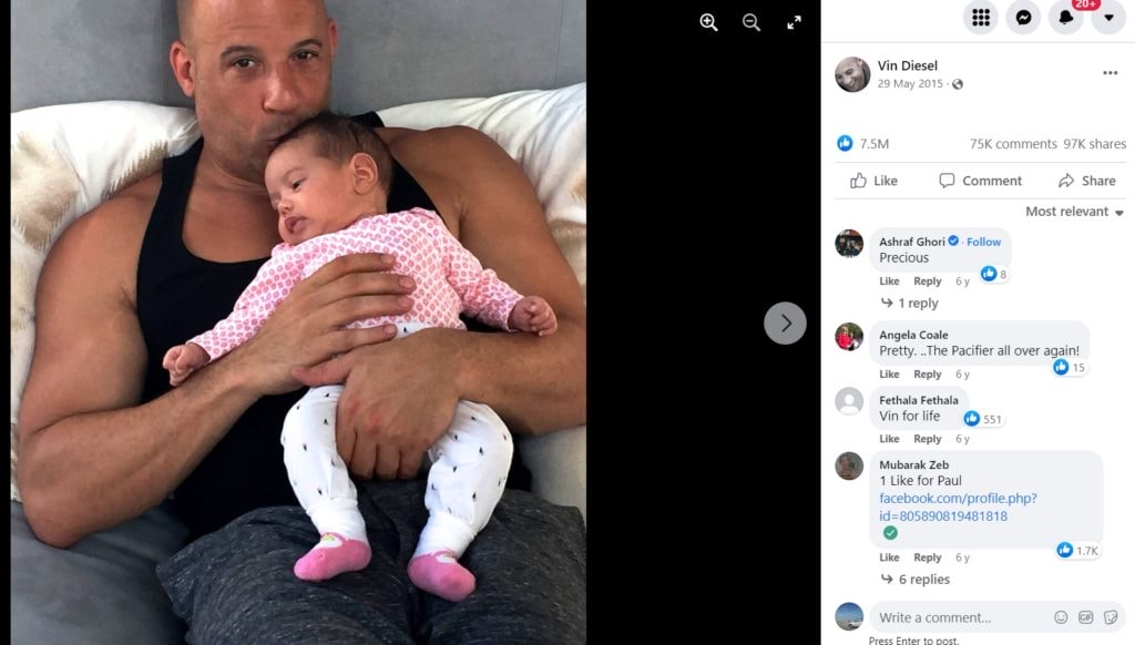 Vin Diesel trzymający dziecko; najbardziej lubiany post na Facebooku